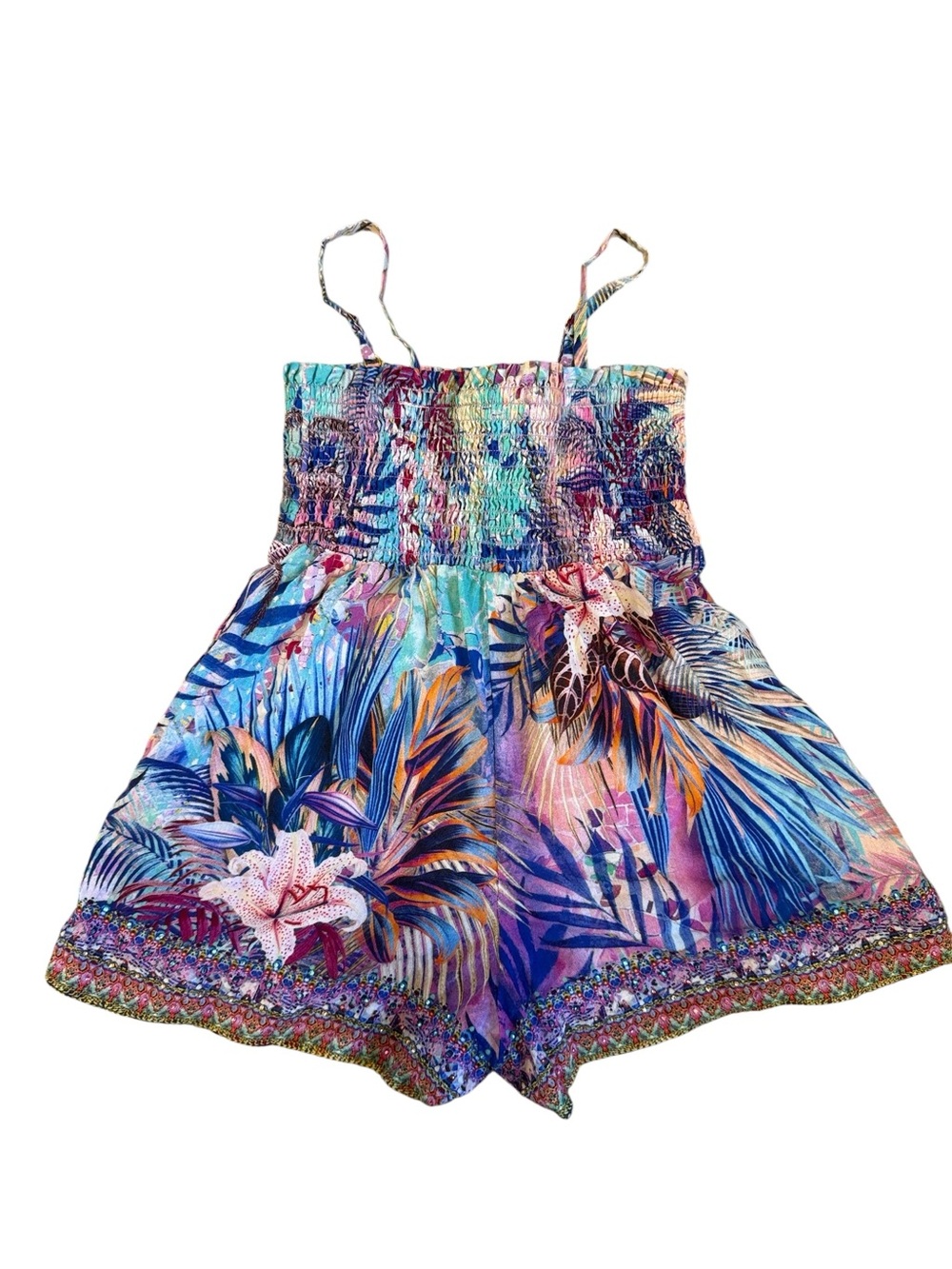 Milla by Camilla Girls Tropical Print Smocked Romper in Multicolor
